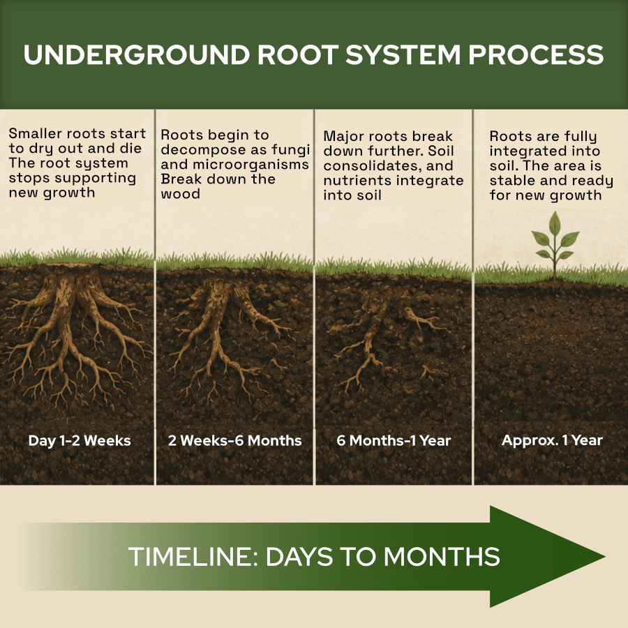 Timeline of a ground stump's root decomposition process