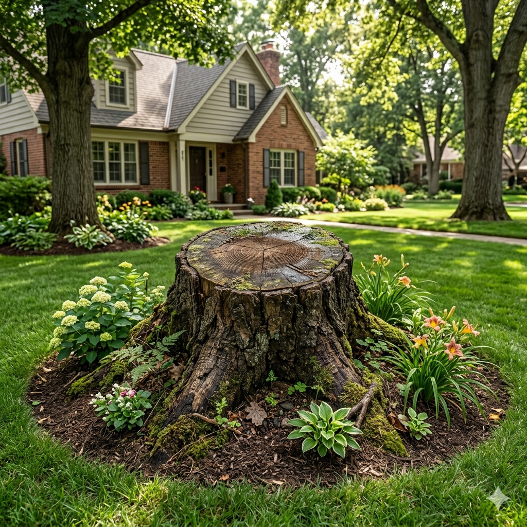 Before: Large oak stump, front yard